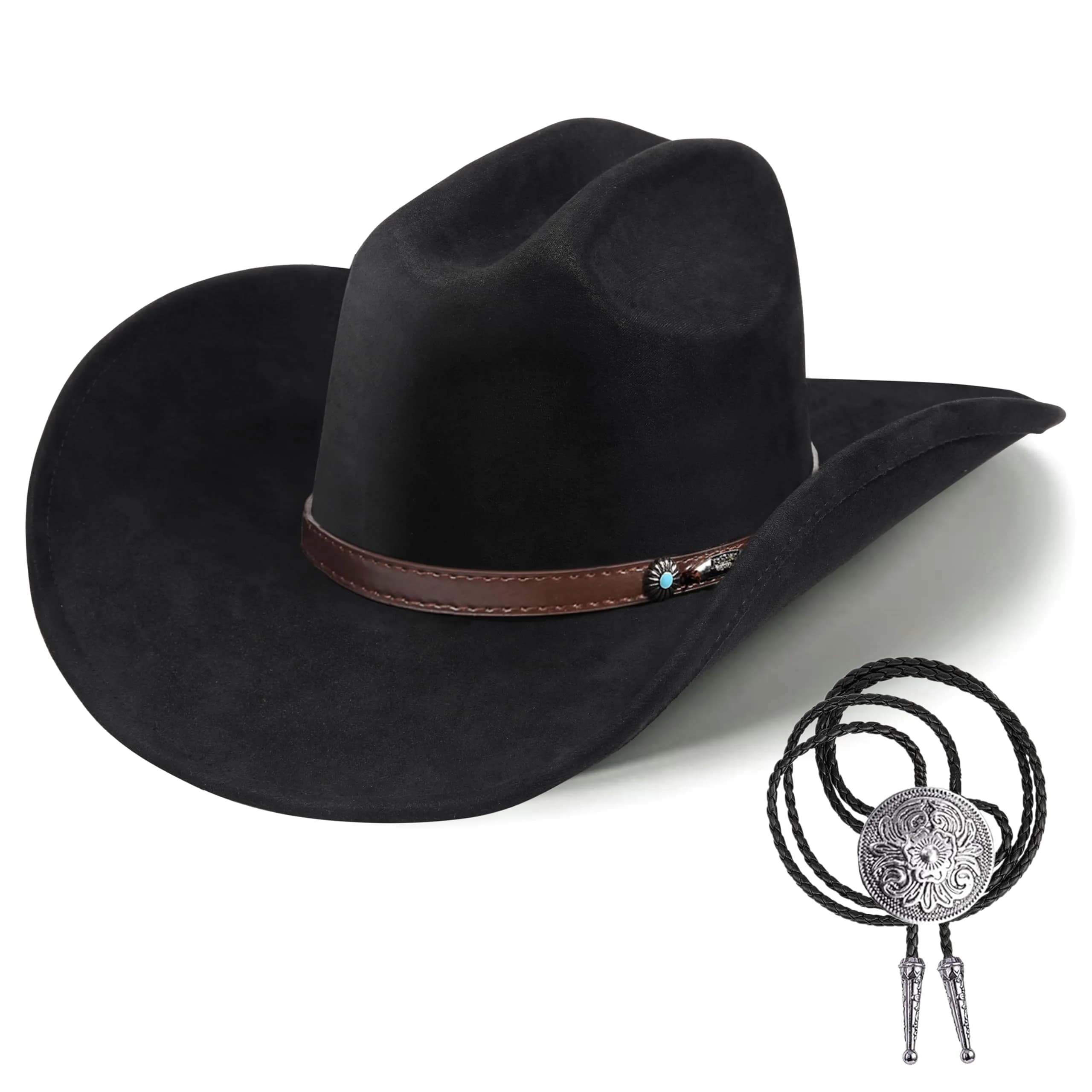 Foeran Classic Western Suede Cowboy Hat for Men & Women | Wide Brim Felt Fedora Cowgirl Hat (Alpha, Large, X-Large, Black-D)