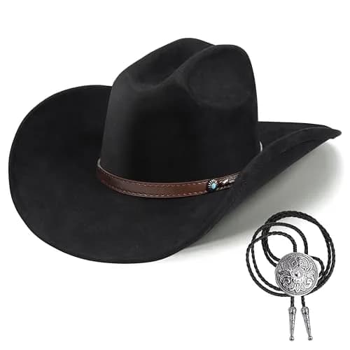Foeran Classic Western Suede Cowboy Hat for Men & Women | Wide Brim Felt Fedora Cowgirl Hat (Alpha, Large, X-Large, Black-D) thumbnail 1