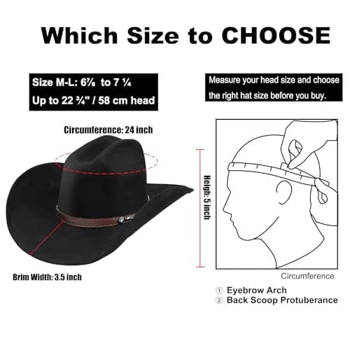 Foeran Classic Western Suede Cowboy Hat for Men & Women | Wide Brim Felt Fedora Cowgirl Hat (Alpha, Large, X-Large, Black-D) thumbnail 4