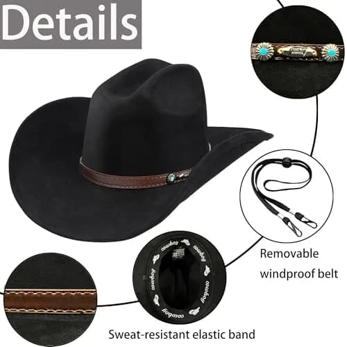 Foeran Classic Western Suede Cowboy Hat for Men & Women | Wide Brim Felt Fedora Cowgirl Hat (Alpha, Large, X-Large, Black-D) thumbnail 2