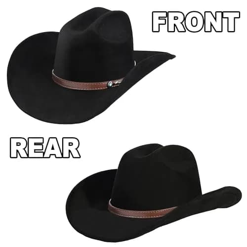 Foeran Classic Western Suede Cowboy Hat for Men & Women | Wide Brim Felt Fedora Cowgirl Hat (Alpha, Large, X-Large, Black-D) thumbnail 3