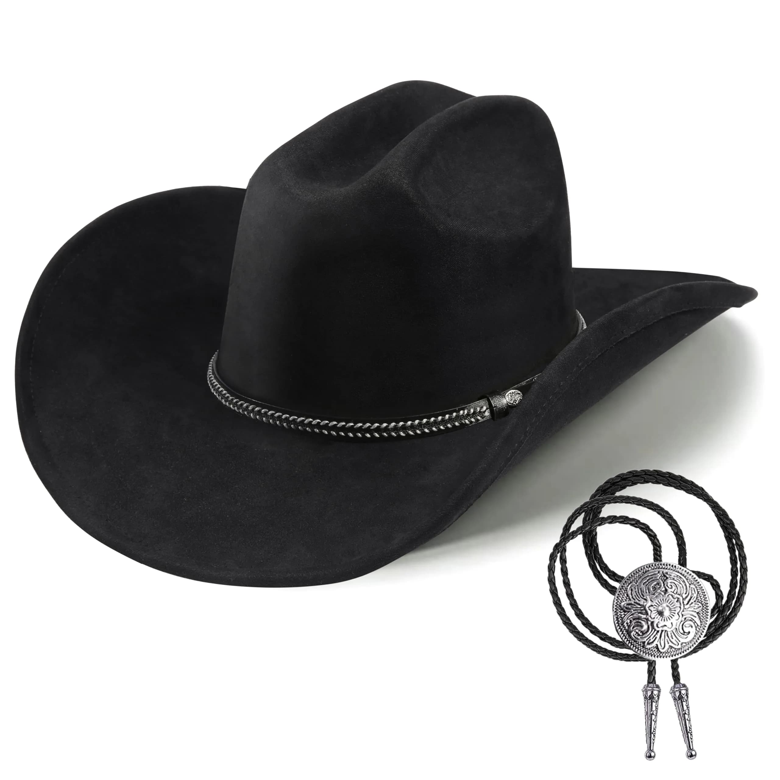 Foeran Classic Western Suede Cowboy Hat for Men & Women | Wide Brim Felt Fedora Cowgirl Hat (US, Alpha, Medium, Large, Black-B) — Black-b