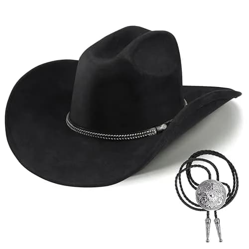 Foeran Classic Western Suede Cowboy Hat for Men & Women | Wide Brim Felt Fedora Cowgirl Hat (US, Alpha, Medium, Large, Black-B) thumbnail 1
