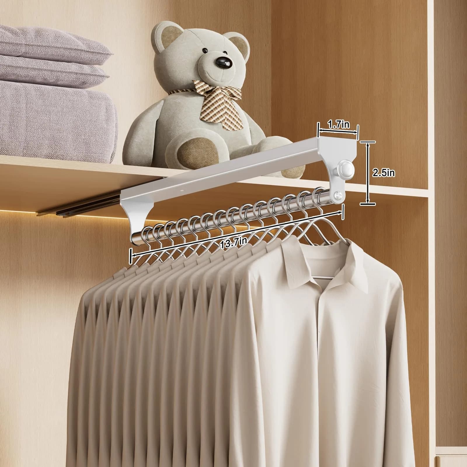 CICUFY Pull Out Closet Valet Rod White 36.7cm (14.45in) | Heavy Duty Space Aluminum Clothes Hanger Rail - view 2