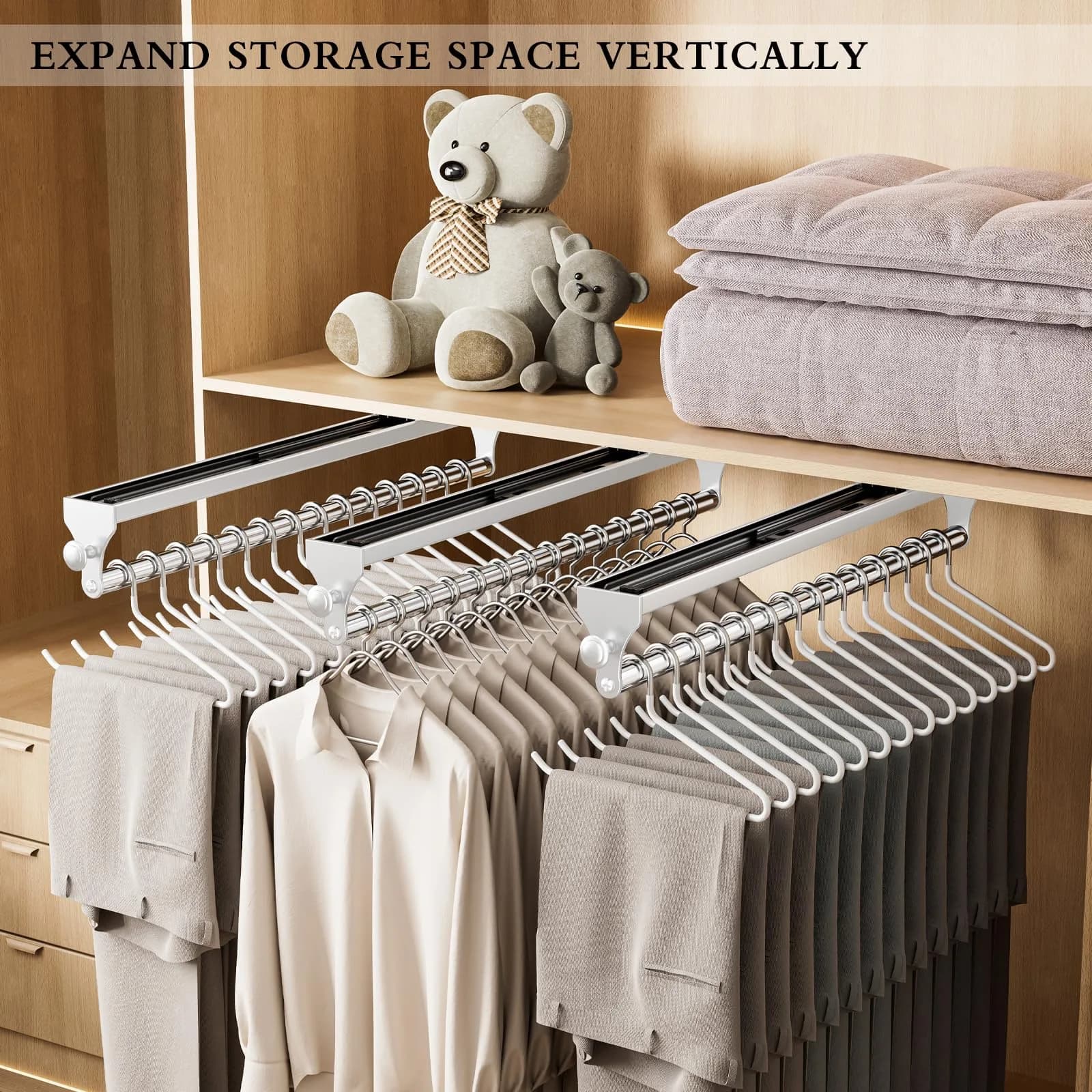 CICUFY Pull Out Closet Valet Rod White 36.7cm (14.45in) | Heavy Duty Space Aluminum Clothes Hanger Rail - view 3