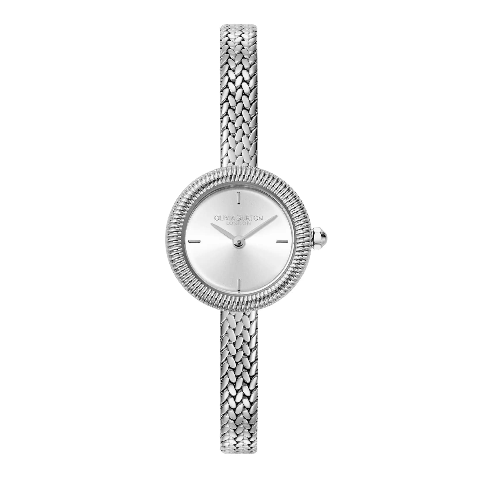Olivia Burton Finery 20mm Women’s Quartz Watch | Delicate Gold Sunray Dial & Mesh Strap — Silver White