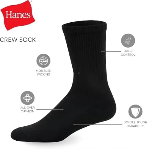 Hanes Double Tough Crew Socks Moisture Wicking, 14-Pack, Black | Reinforced & Cushioned for Men thumbnail 5