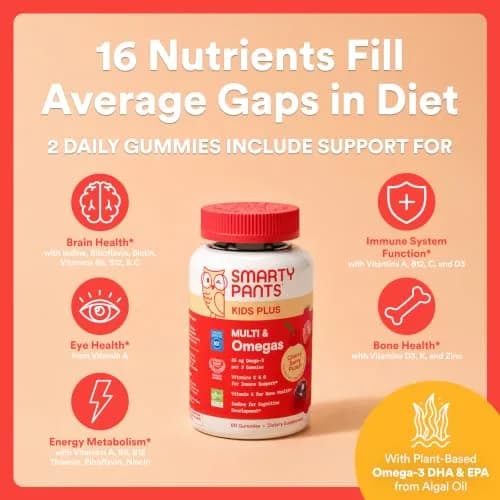 SmartyPants Kids Multivitamin Gummies with Omega 3 DHA/EPA, Vitamins D3, C, B12, B6, A, K, and Zinc, Gluten Free, Cherry Berry Flavor, 60 Gummies (30 Day Supply) | Supports Growth & Immunity thumbnail 4