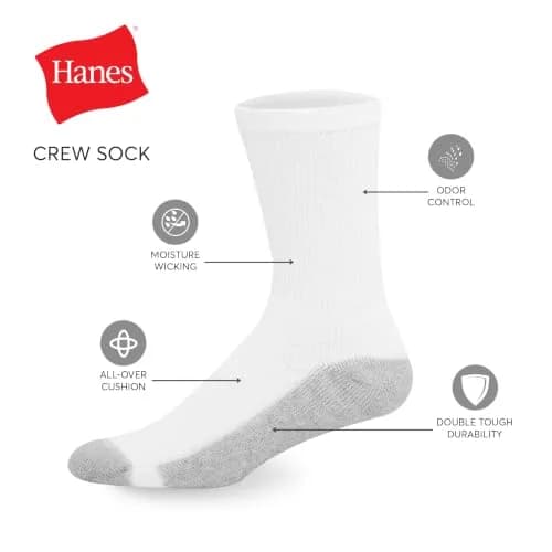 Hanes Double Tough Crew Socks 14-Pack | Moisture Wicking, Cushioned, Odor-Fighting thumbnail 5