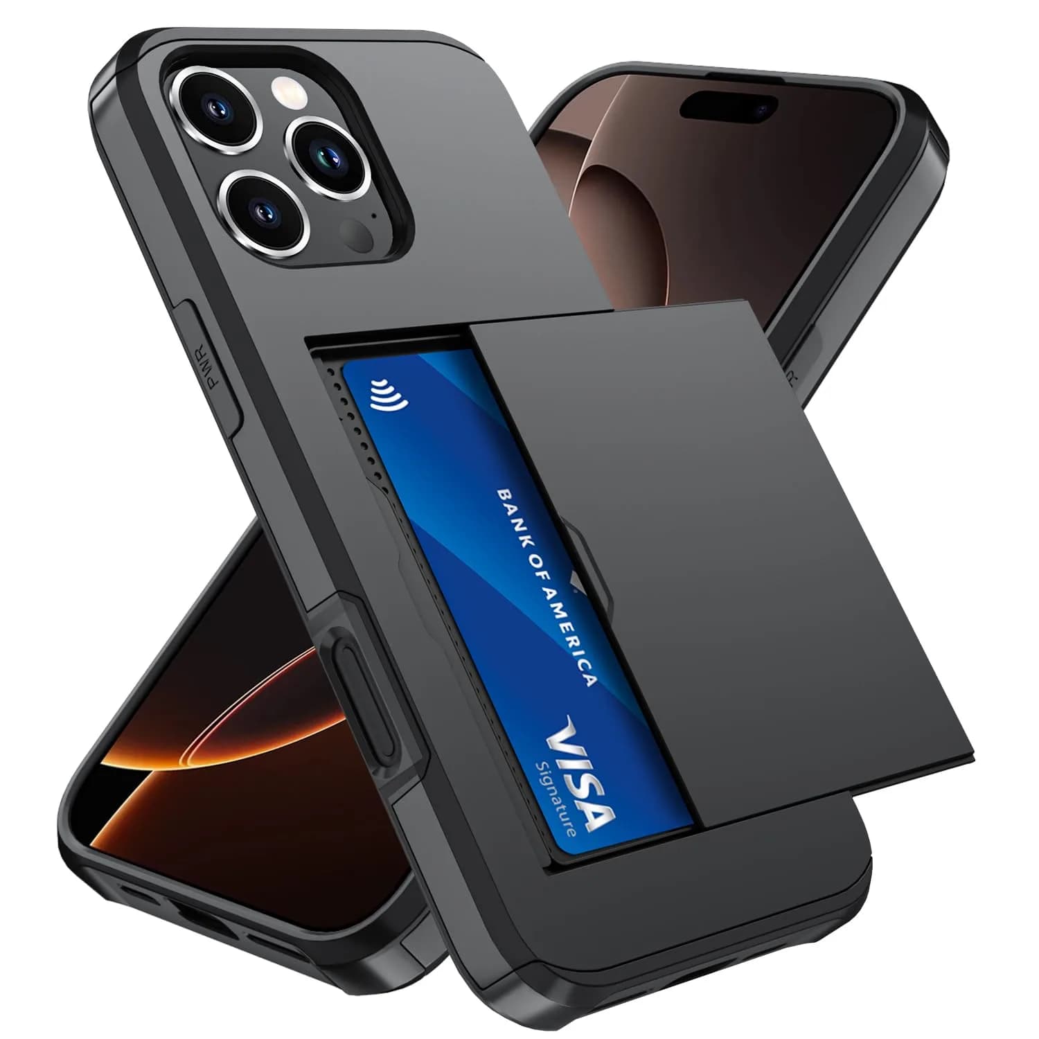 Qinmay Compatible with iPhone 16 Pro Case with Card Holder | Heavy Duty Shockproof Wallet Cover — Black