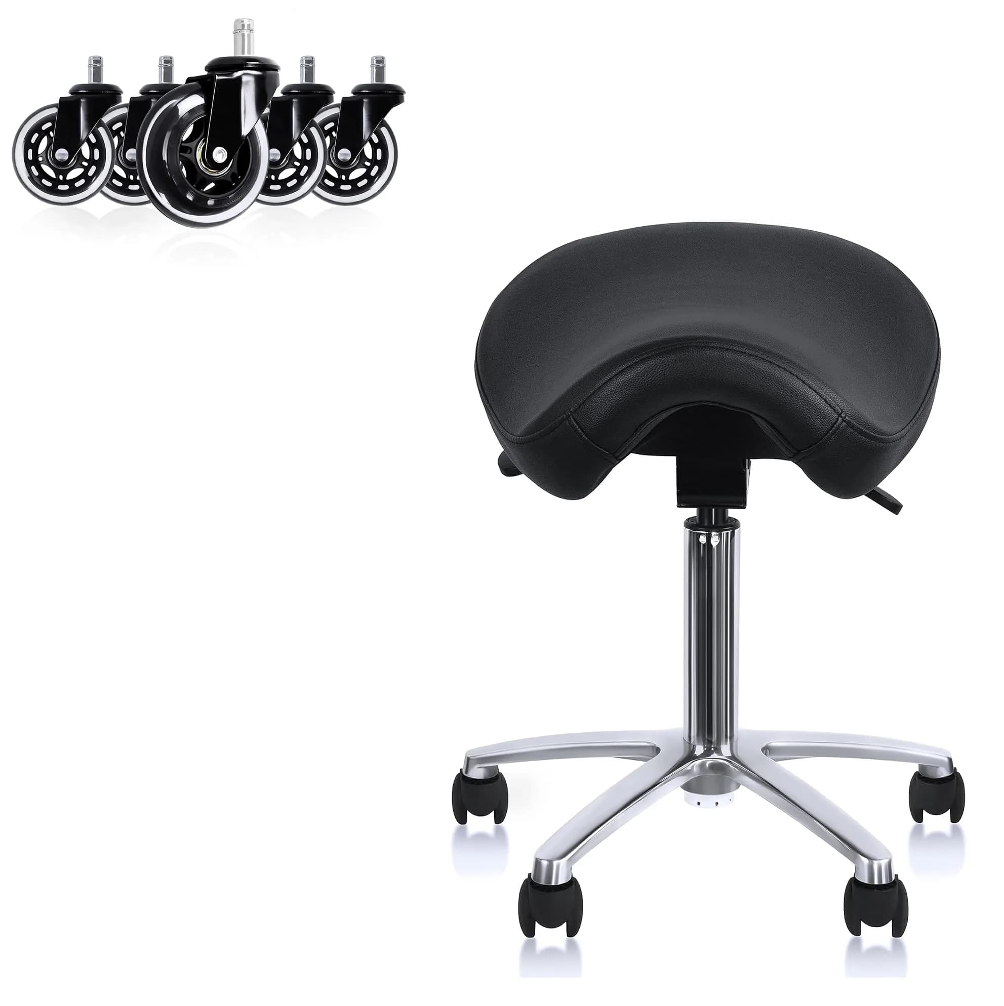 2xhome Ergonomic Saddle Stool | Backless Rolling Office Chair with Adjustable Height & Tilt, PU Leather, Foam Padding, Black with Wheels - main product image