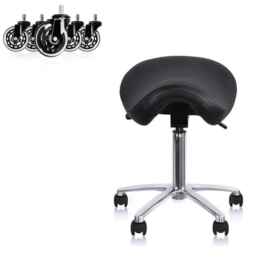 2xhome Ergonomic Saddle Stool | Backless Rolling Office Chair with Adjustable Height & Tilt, PU Leather, Foam Padding, Black with Wheels thumbnail 1