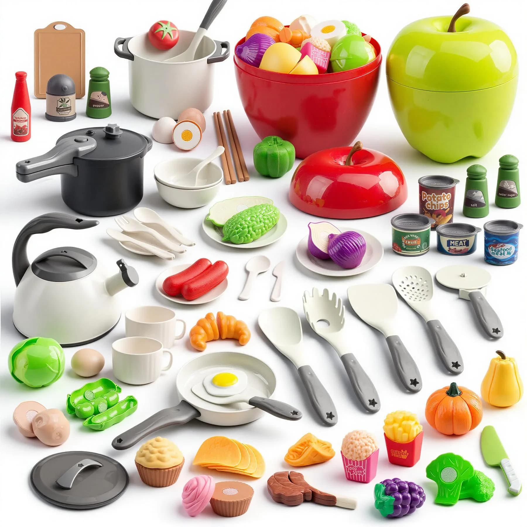 Funpynani 100-Piece Kitchen Playset with Apple Storage | Realistic Pretend Cooking Toy for Toddlers (White) - main product image