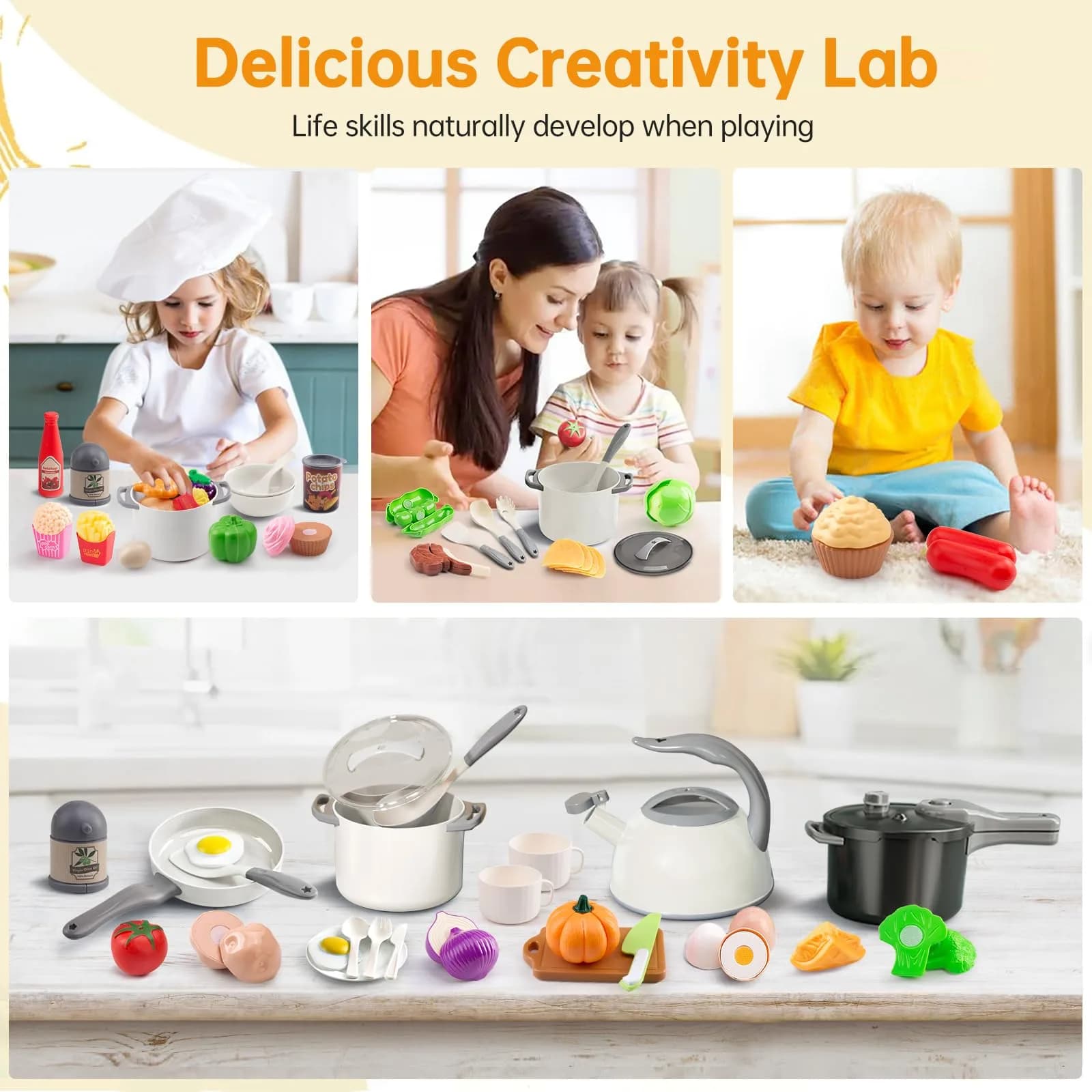 Funpynani 100-Piece Kitchen Playset with Apple Storage | Realistic Pretend Cooking Toy for Toddlers (White) - view 7