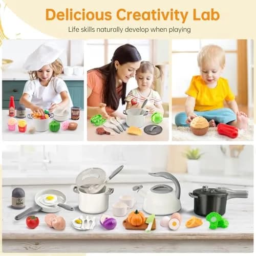 Funpynani 100-Piece Kitchen Playset with Apple Storage | Realistic Pretend Cooking Toy for Toddlers (White) thumbnail 7