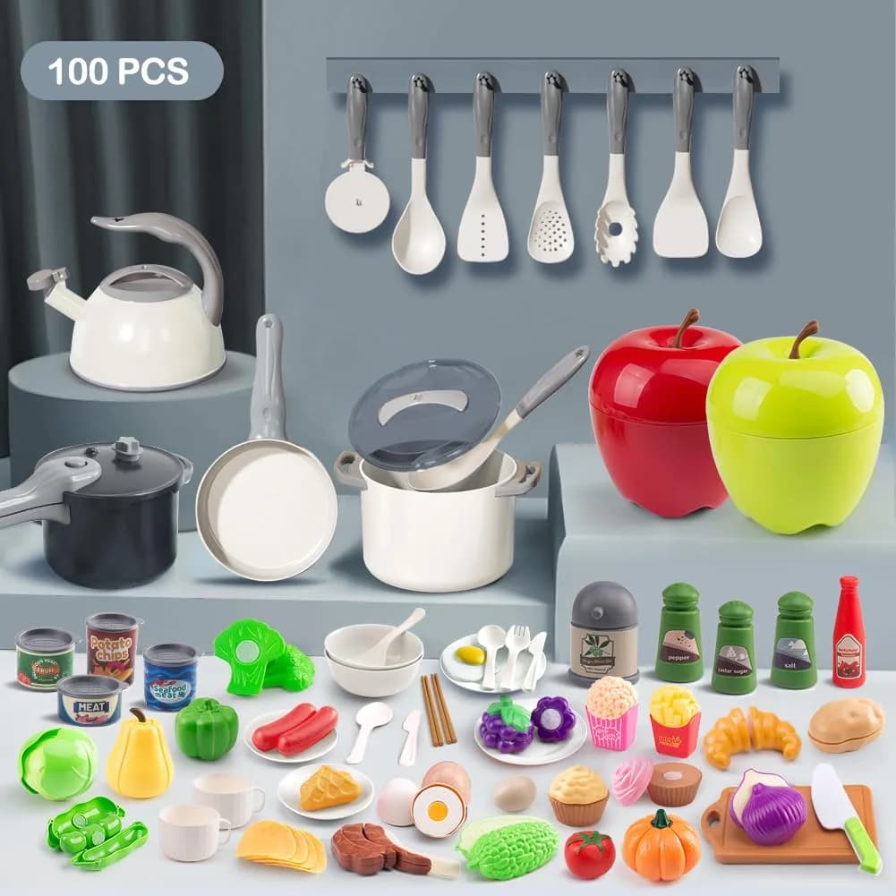 Funpynani 100-Piece Kitchen Playset with Apple Storage | Realistic Pretend Cooking Toy for Toddlers (White) - view 2