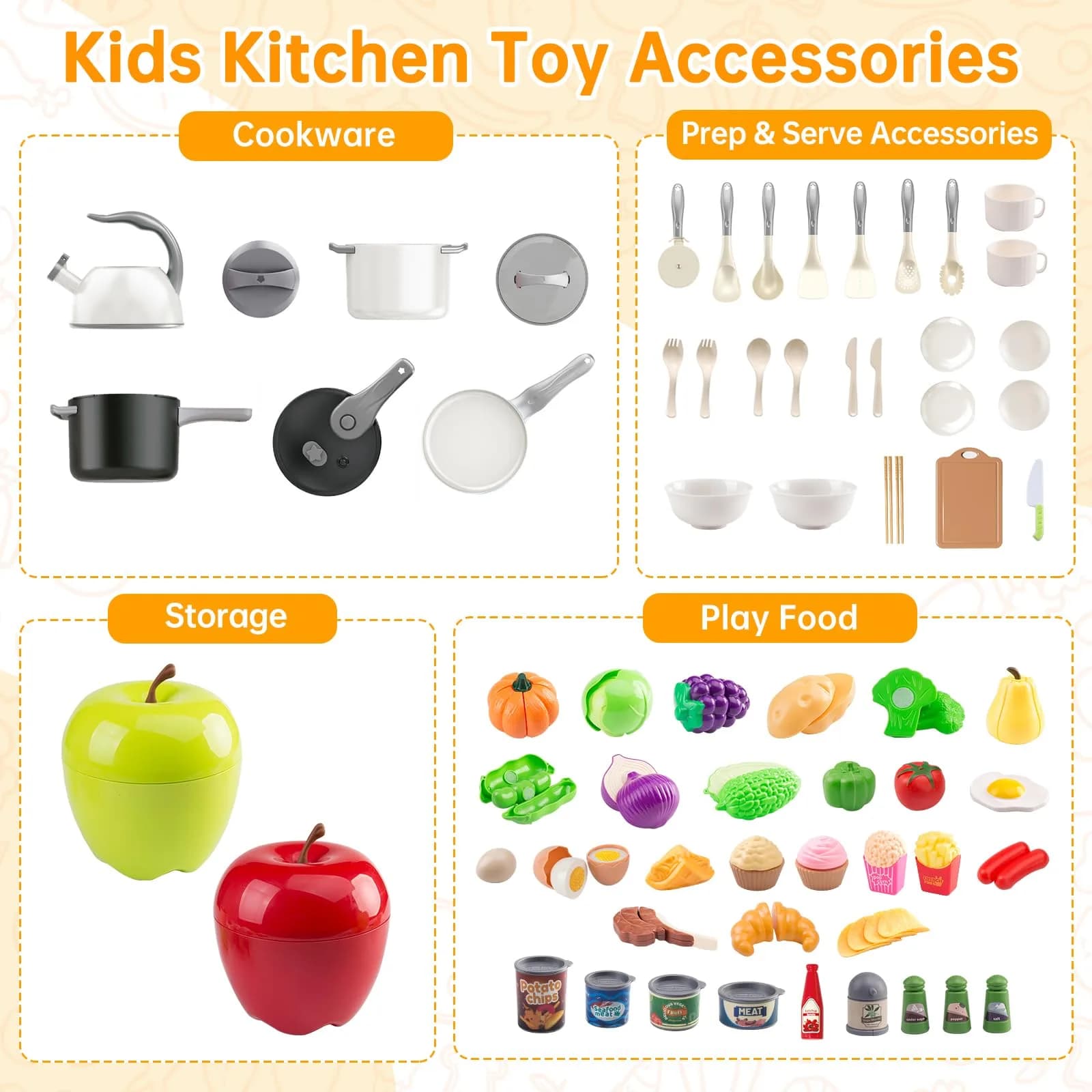 Funpynani 100-Piece Kitchen Playset with Apple Storage | Realistic Pretend Cooking Toy for Toddlers (White) - view 3