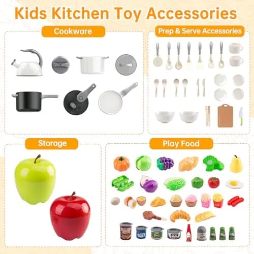 Funpynani 100-Piece Kitchen Playset with Apple Storage | Realistic Pretend Cooking Toy for Toddlers (White) thumbnail 3