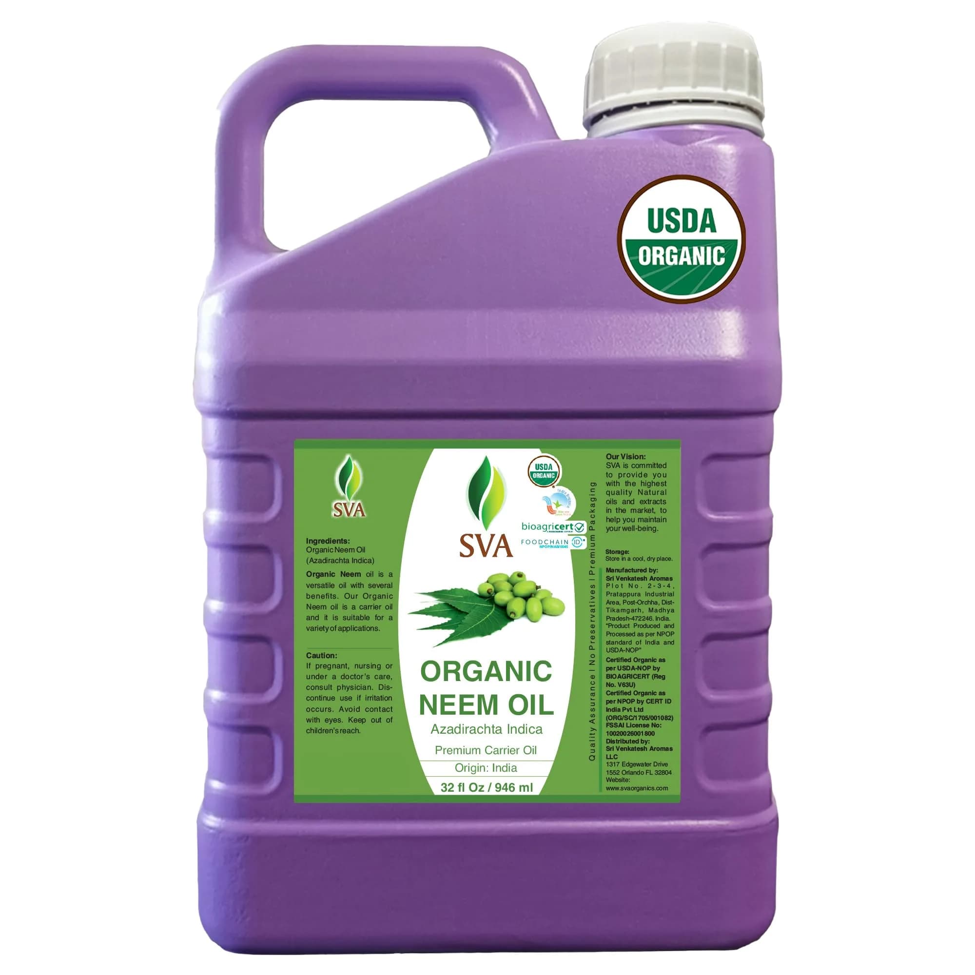 SVA Organics Neem Seed Carrier Oil 32 Fl Oz (946 ml) - Pure & Natural - main product image
