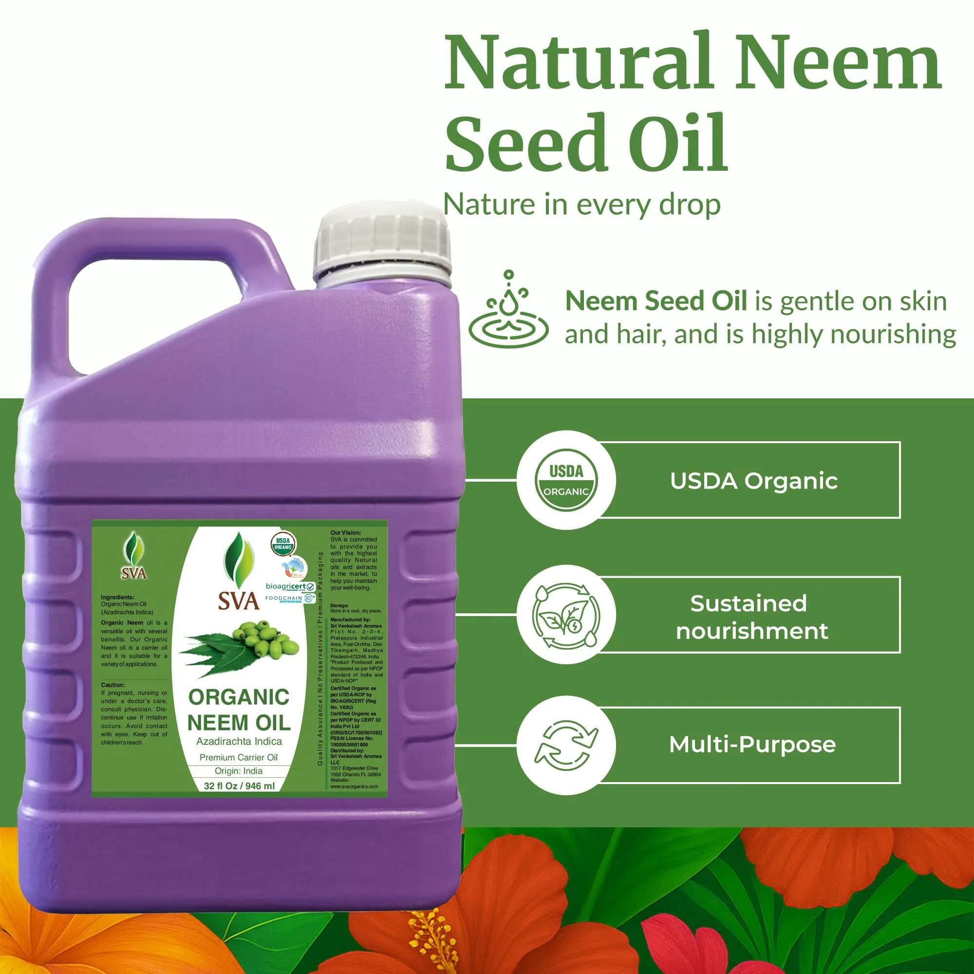 SVA Organics Neem Seed Carrier Oil 32 Fl Oz (946 ml) - Pure & Natural - view 2
