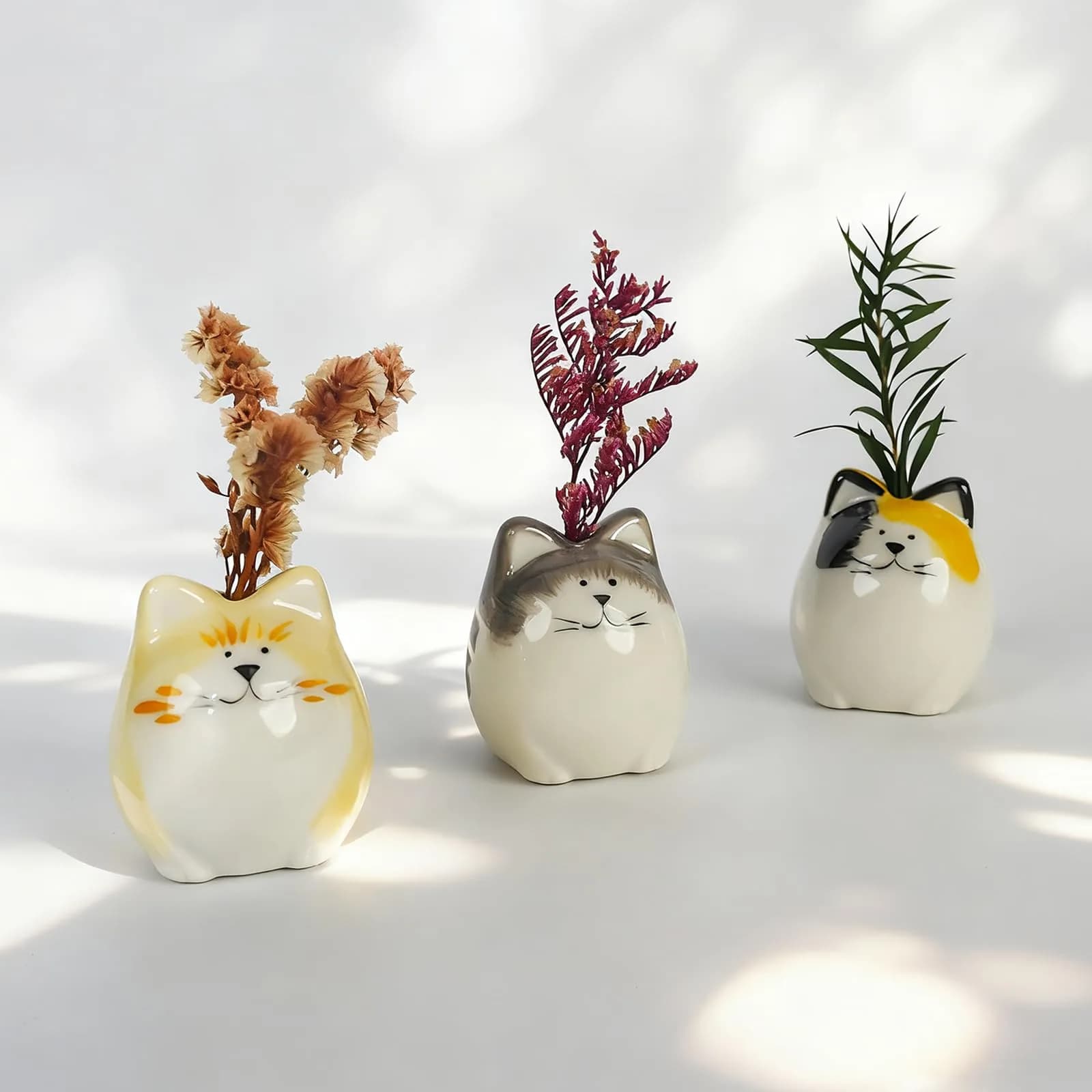 MOUGIGI Mini Vase 1.18 inches Ceramic Japanese Onigiri Rice Ball | Handmade, Cute Home Decor — 3 Pcs Painted Cat Vase