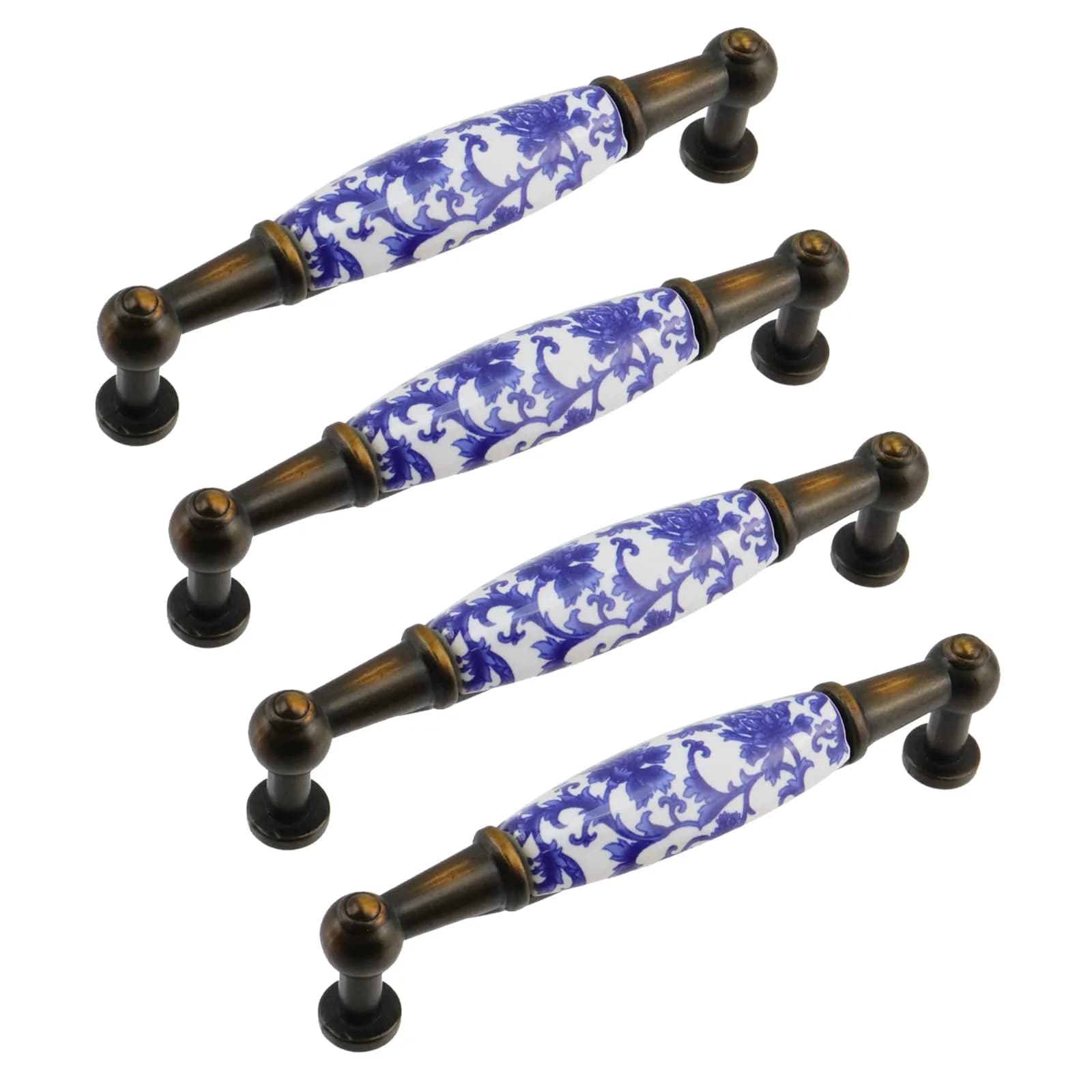 Mcredy Ceramic Cabinet Pull Handle, Blue White Porcelain T-Style, 96mm (3.78") Hole Distance, 4 Pcs | Classic Chinese-Style Floral Design — Type-3