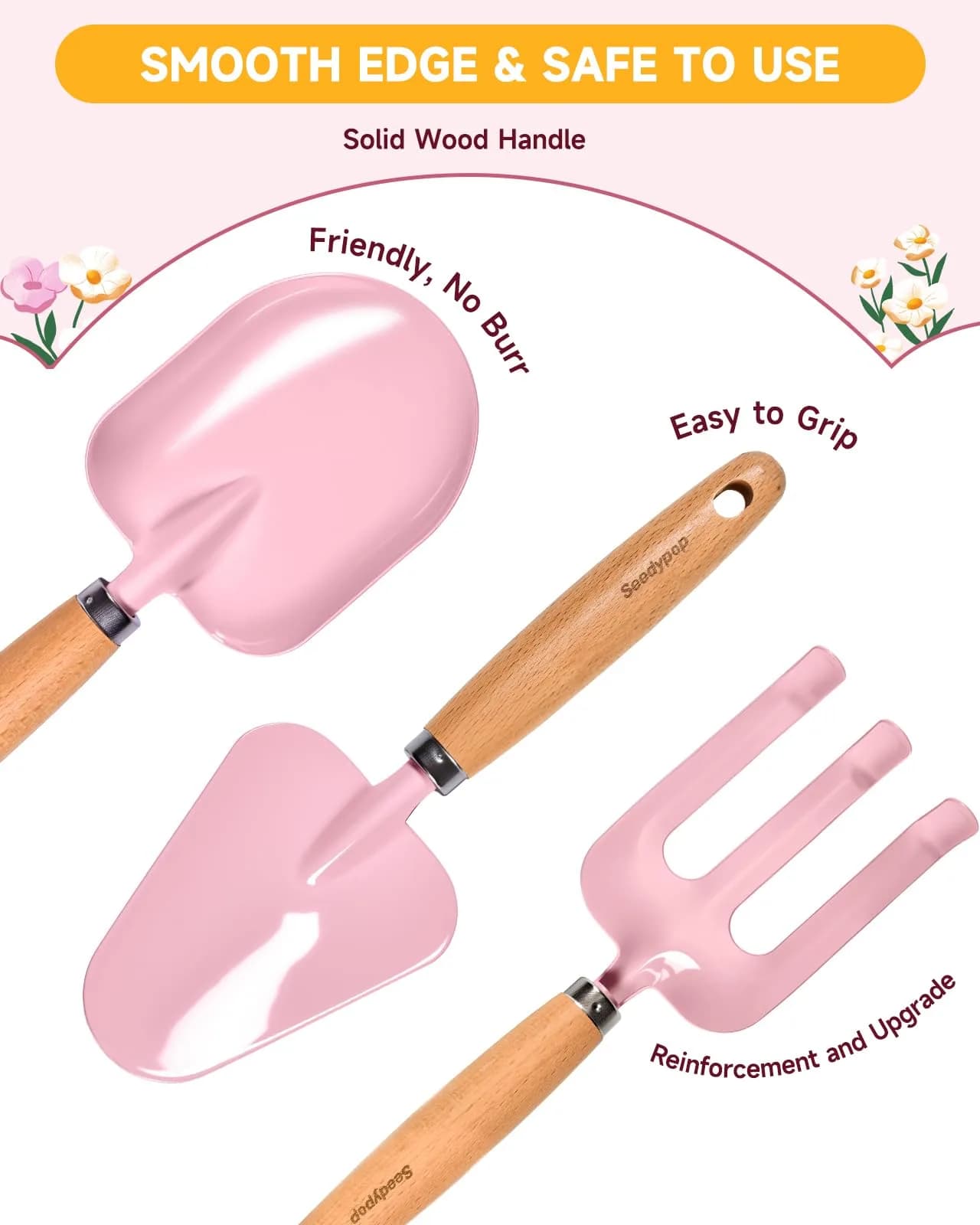 seedypop Handmade Kids Gardening Tools Set with Frog Hat & Panda Apron, Real Wood Handles, Metal Heads (Sage Green, 8-Piece) - view 3