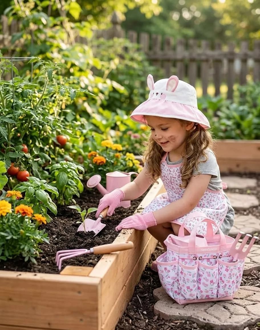 seedypop Handmade Kids Gardening Tools Set with Frog Hat & Panda Apron, Real Wood Handles, Metal Heads (Sage Green, 8-Piece) - view 4