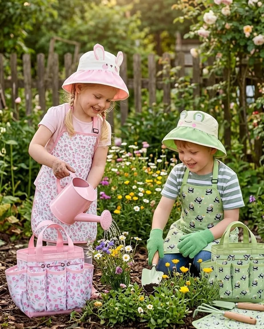 seedypop Handmade Kids Gardening Tools Set with Frog Hat & Panda Apron, Real Wood Handles, Metal Heads (Sage Green, 8-Piece) - view 5