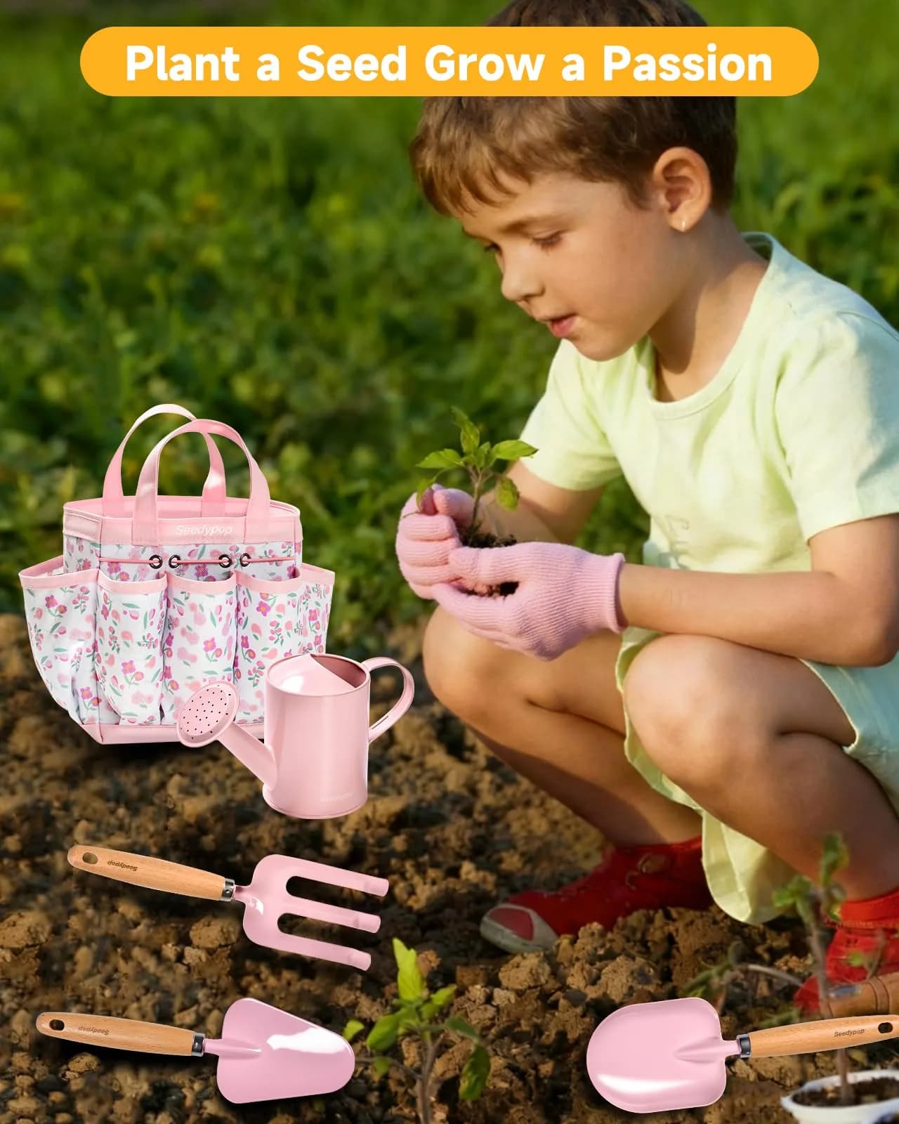 seedypop Handmade Kids Gardening Tools Set with Frog Hat & Panda Apron, Real Wood Handles, Metal Heads (Sage Green, 8-Piece) - view 6