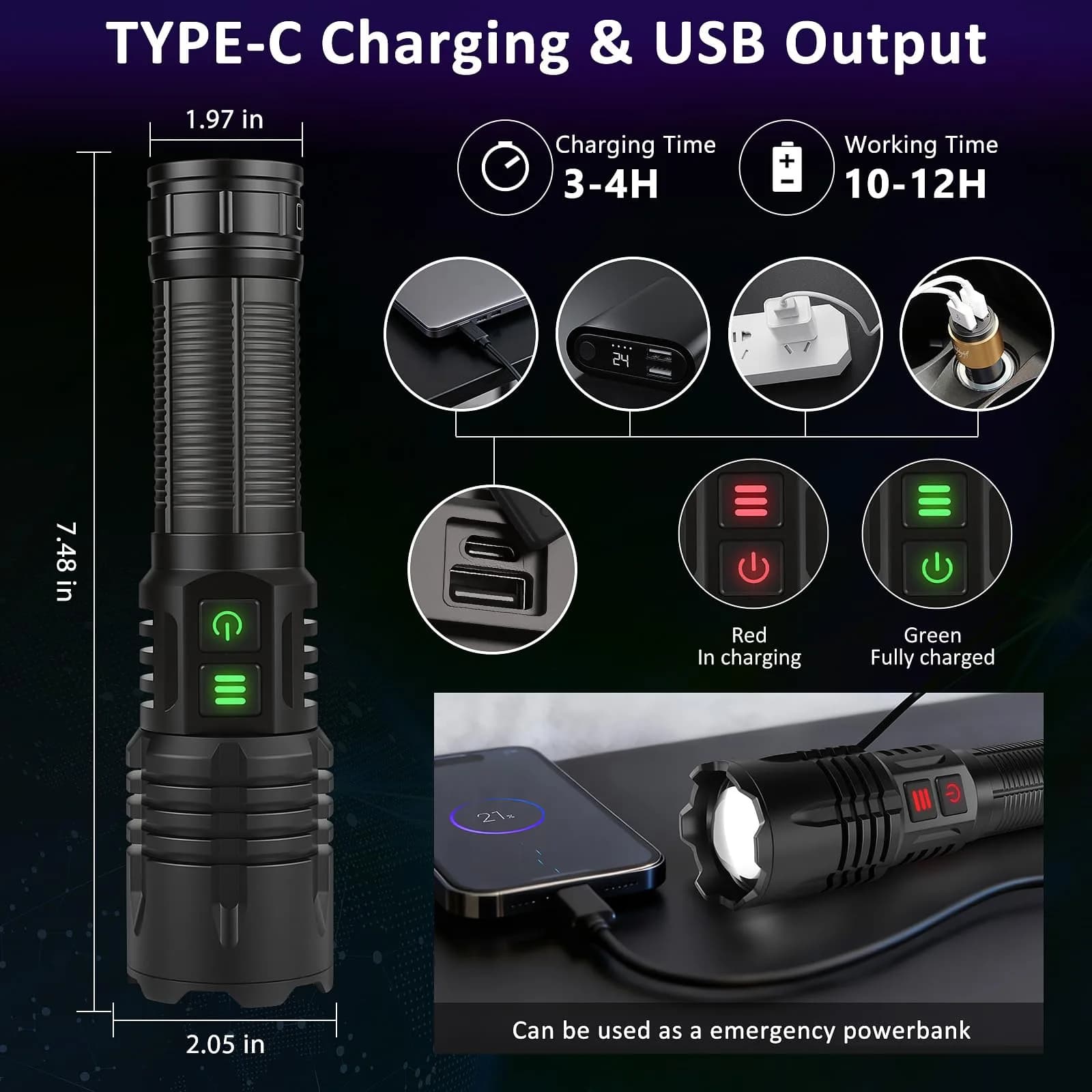 LUXNOVAQ 2-in-1 UV & LED Flashlight 30W, 19.2cm (7.56in) | Rechargeable, Zoomable, IPX6 Waterproof - view 3