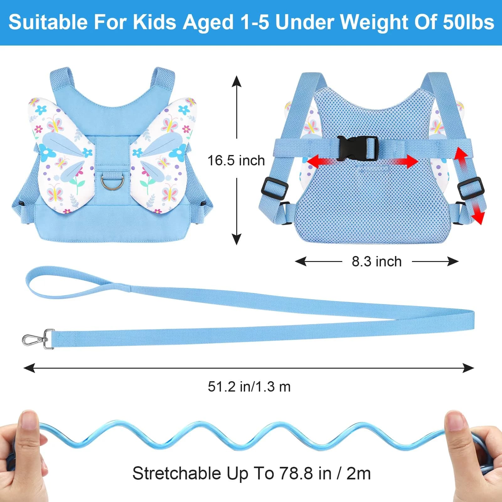 Accmor Sky Blue Butterfly Toddler Harness Leash with Anti-Lost Wrist Link for Girls, 1-5 Years - view 2