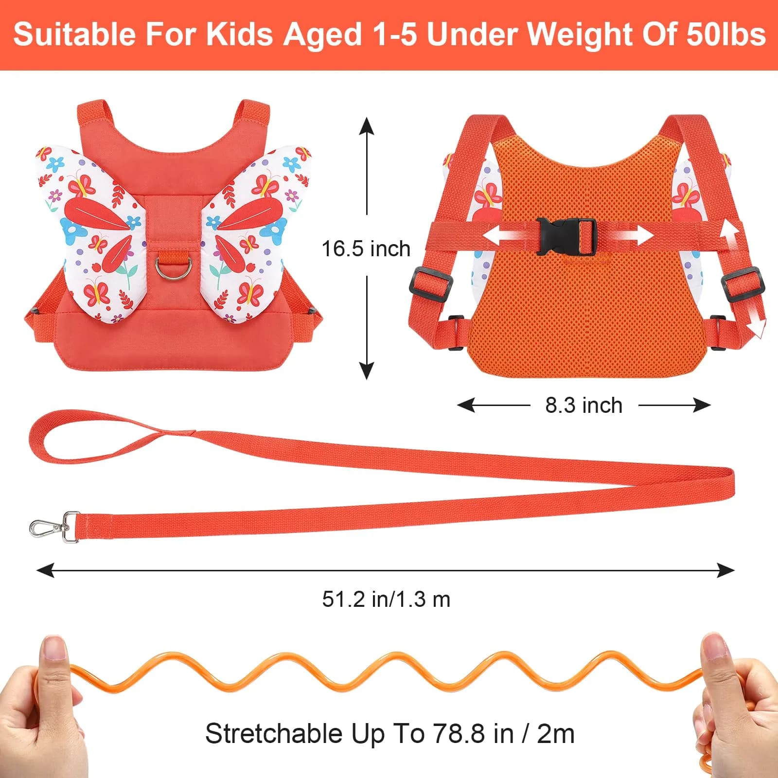 Accmor Orange Butterfly Toddler Harness Leash with Anti-Lost Wrist Link for Girls (1-5 Years) - view 2
