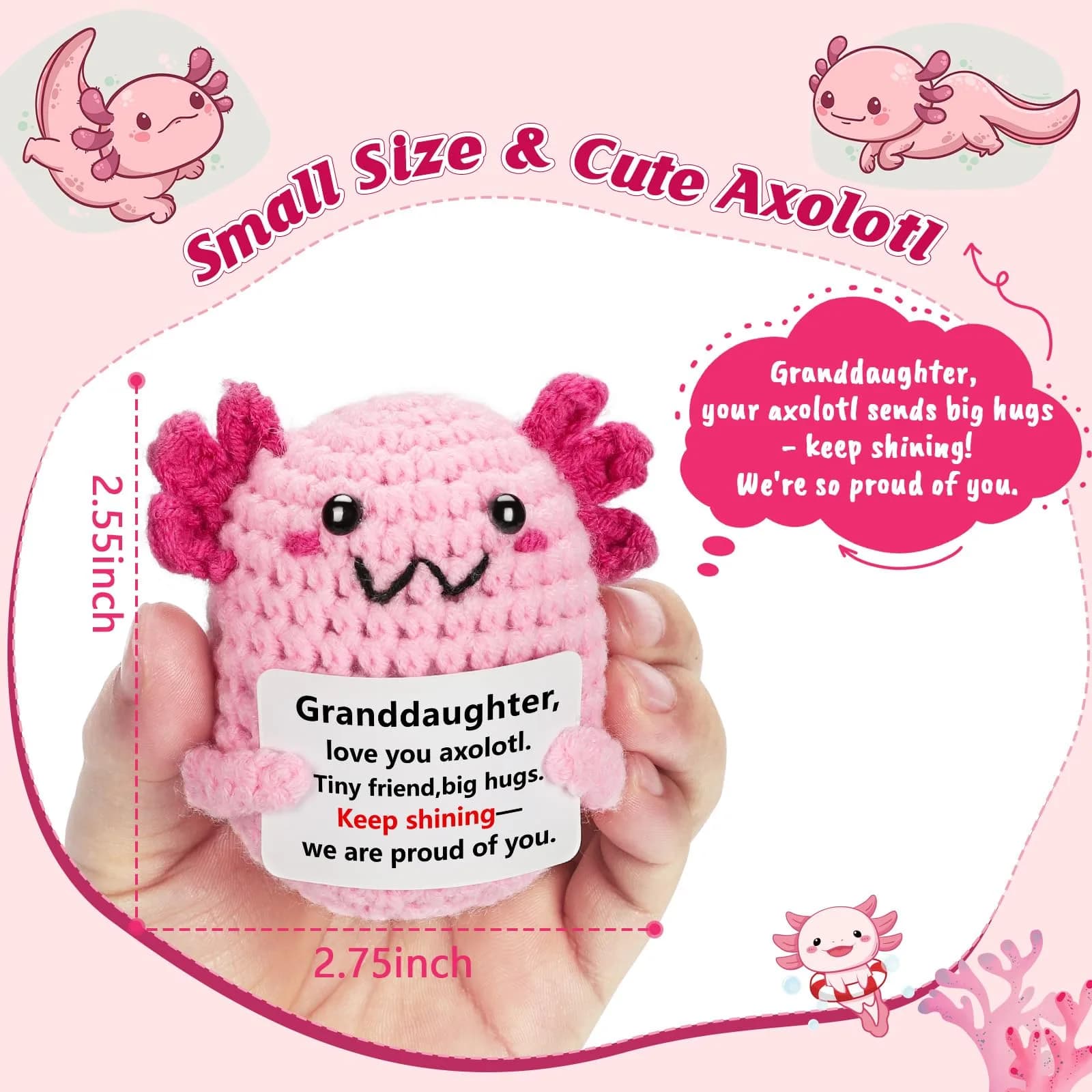 WEYON Pink Axolotl Crochet Plush Toy, 2-Inch Emotional Support Keepsake for Granddaughters, Ages 3+ - view 2
