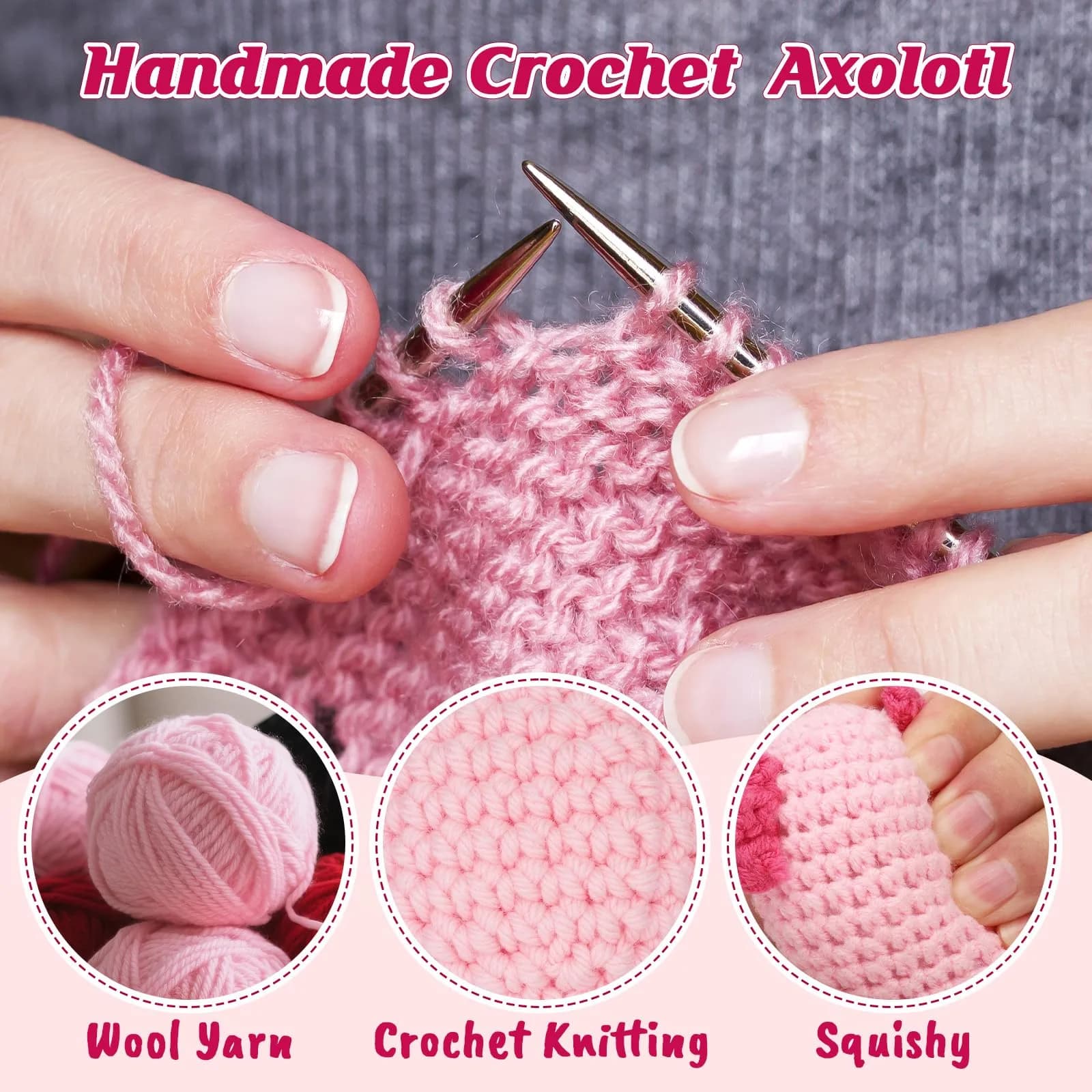 WEYON Pink Axolotl Crochet Plush Toy, 2-Inch Emotional Support Keepsake for Granddaughters, Ages 3+ - view 3