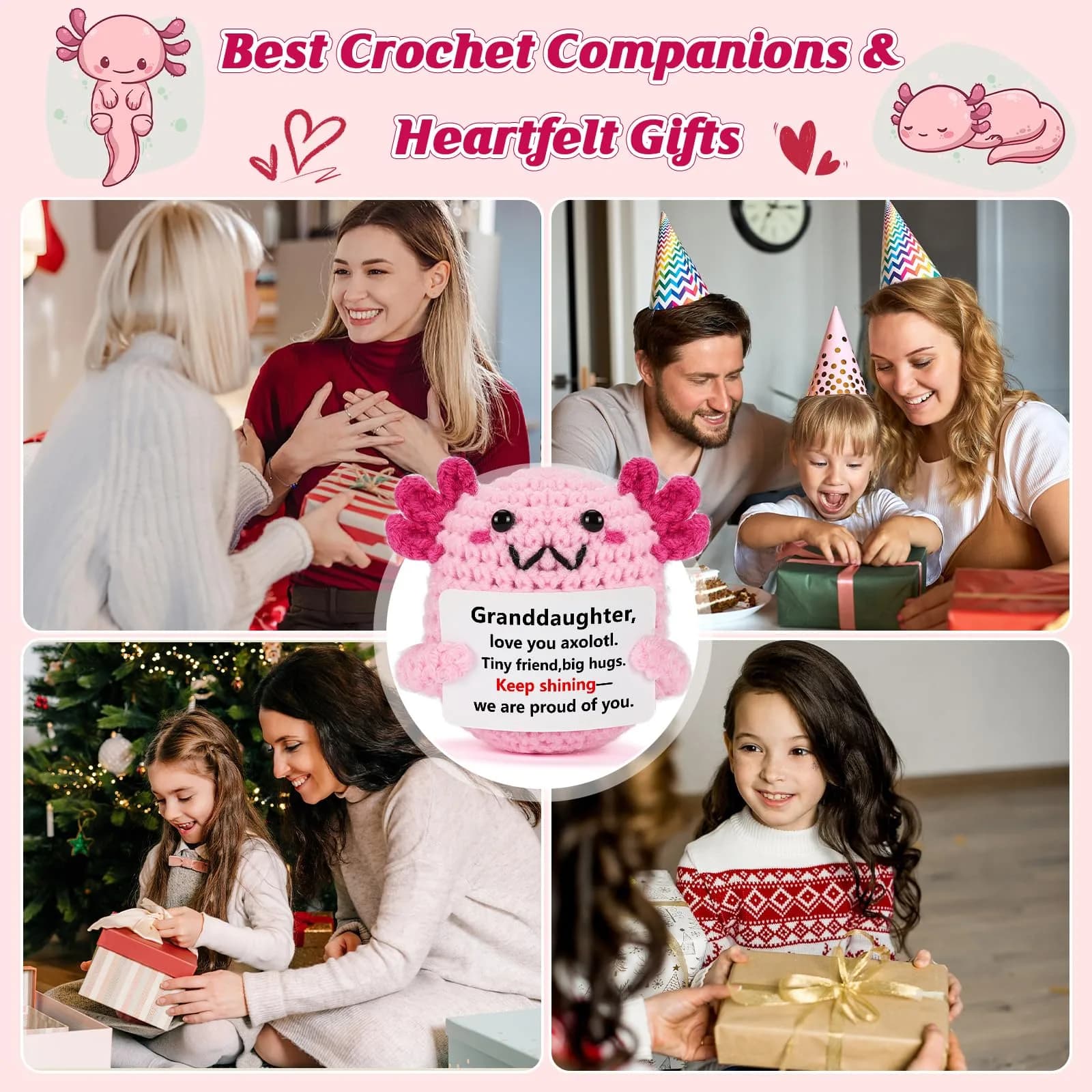 WEYON Pink Axolotl Crochet Plush Toy, 2-Inch Emotional Support Keepsake for Granddaughters, Ages 3+ - view 7