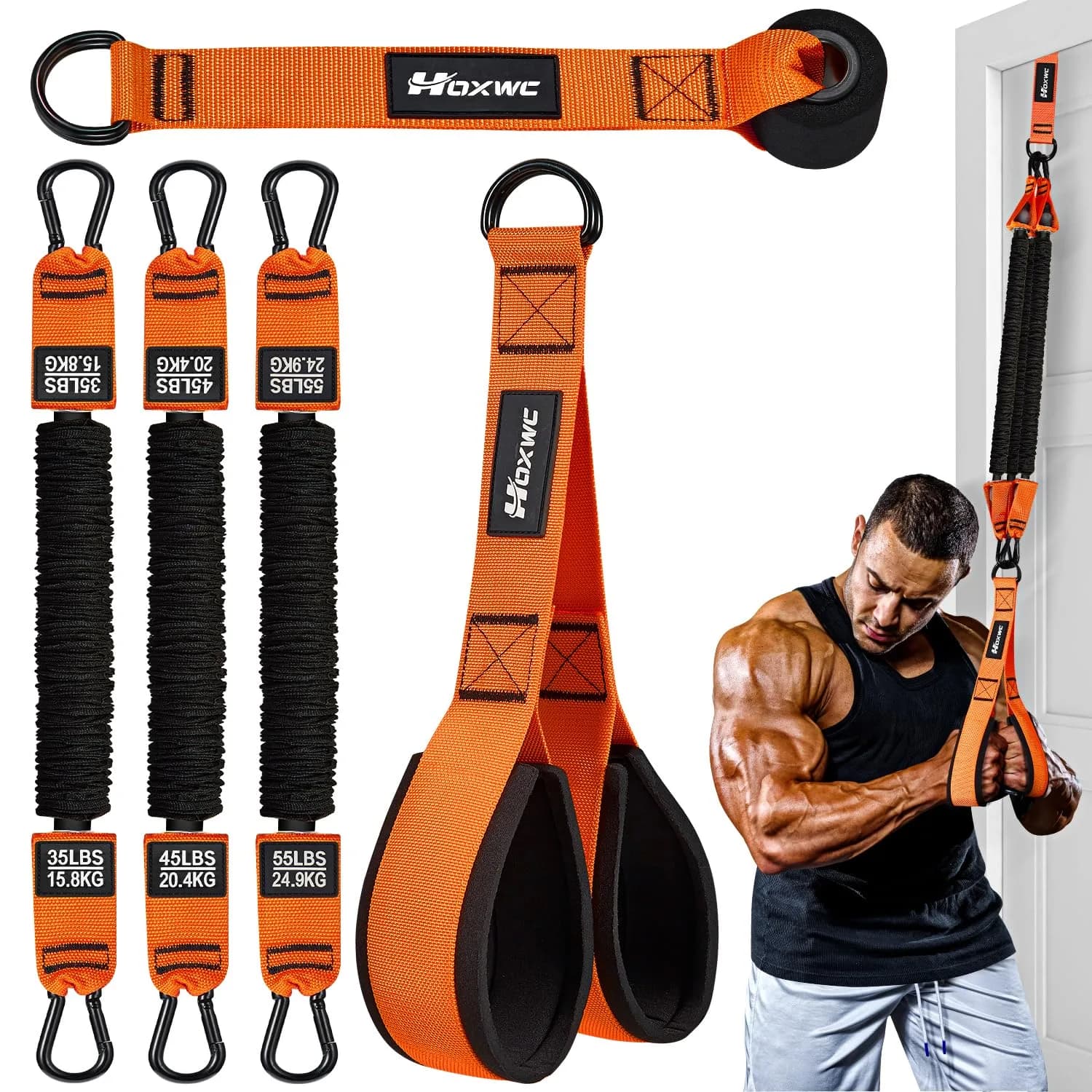 HOXWC Home Gym Equipment, Heavy Resistance Bands with Handles, Bicep & Tricep Workout, Pull Down Attachment, Best Replacement for Lift Pulley System (35-135 lbs)
