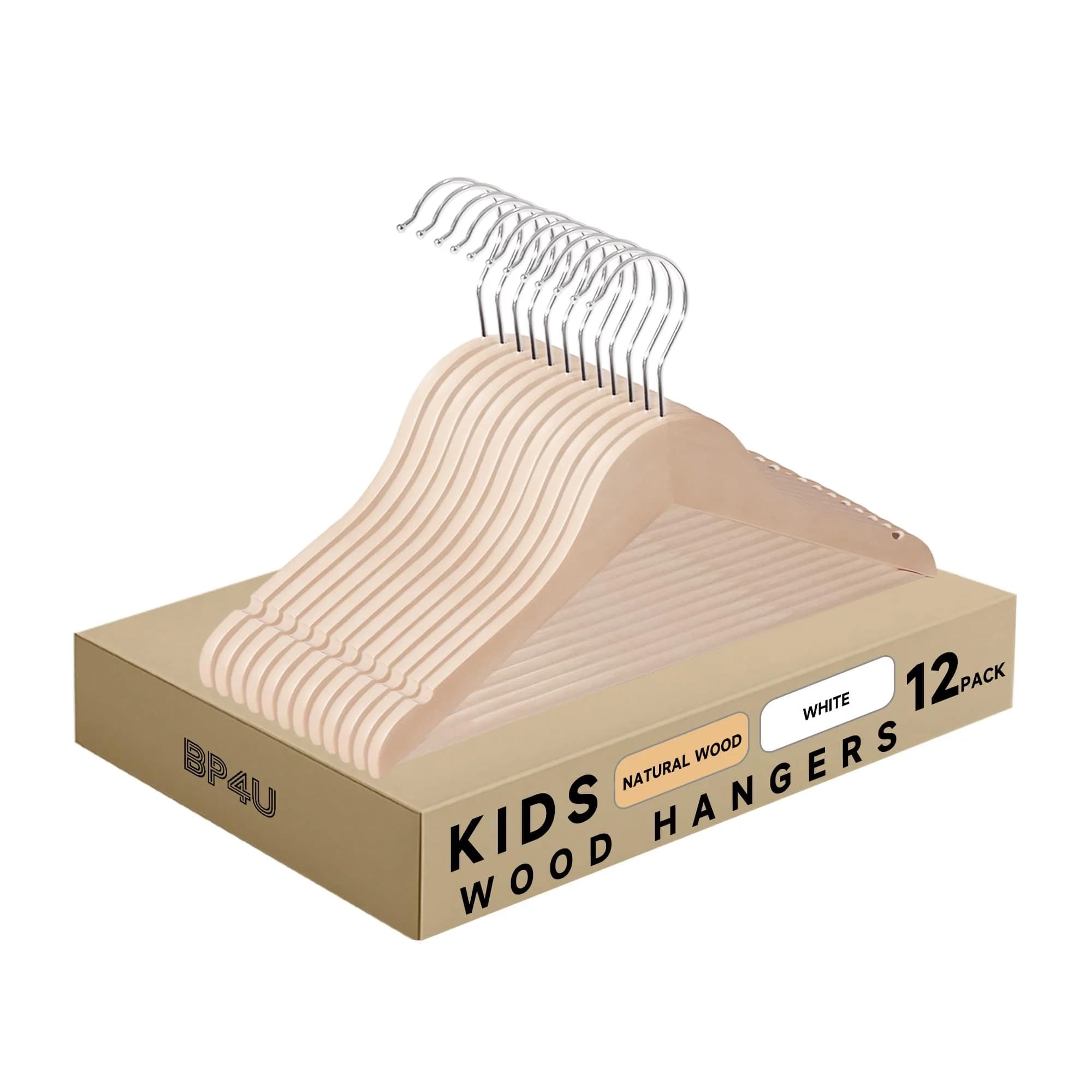 BP4U Kids Wooden Hangers with Pants Bar, Natural, 12-Pack | Space-Saving Child-Size Wooden Hangers