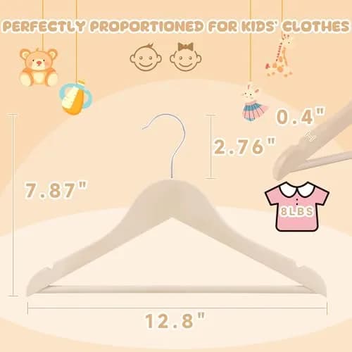 BP4U Kids Wooden Hangers with Pants Bar, Natural, 12-Pack | Space-Saving Child-Size Wooden Hangers thumbnail 2