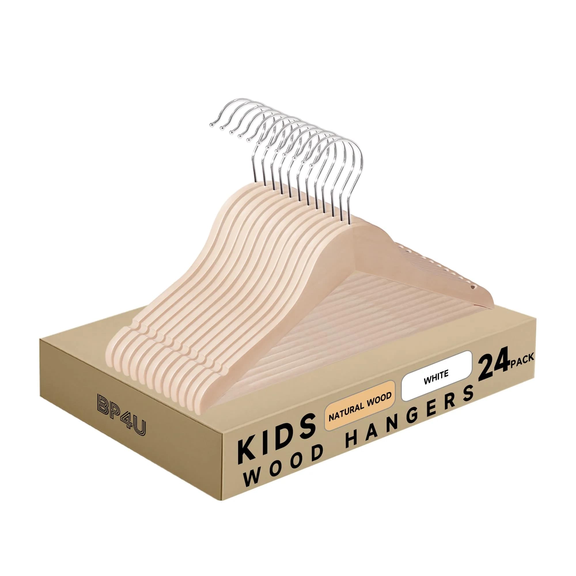 BP4U Kids Wooden Hangers with Pants Bar, Natural, 24-Pack | Space-Saving Child-Size Wooden Closet Organizers