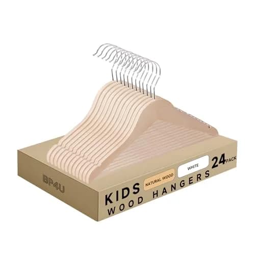 BP4U Kids Wooden Hangers with Pants Bar, Natural, 24-Pack | Space-Saving Child-Size Wooden Closet Organizers thumbnail 1