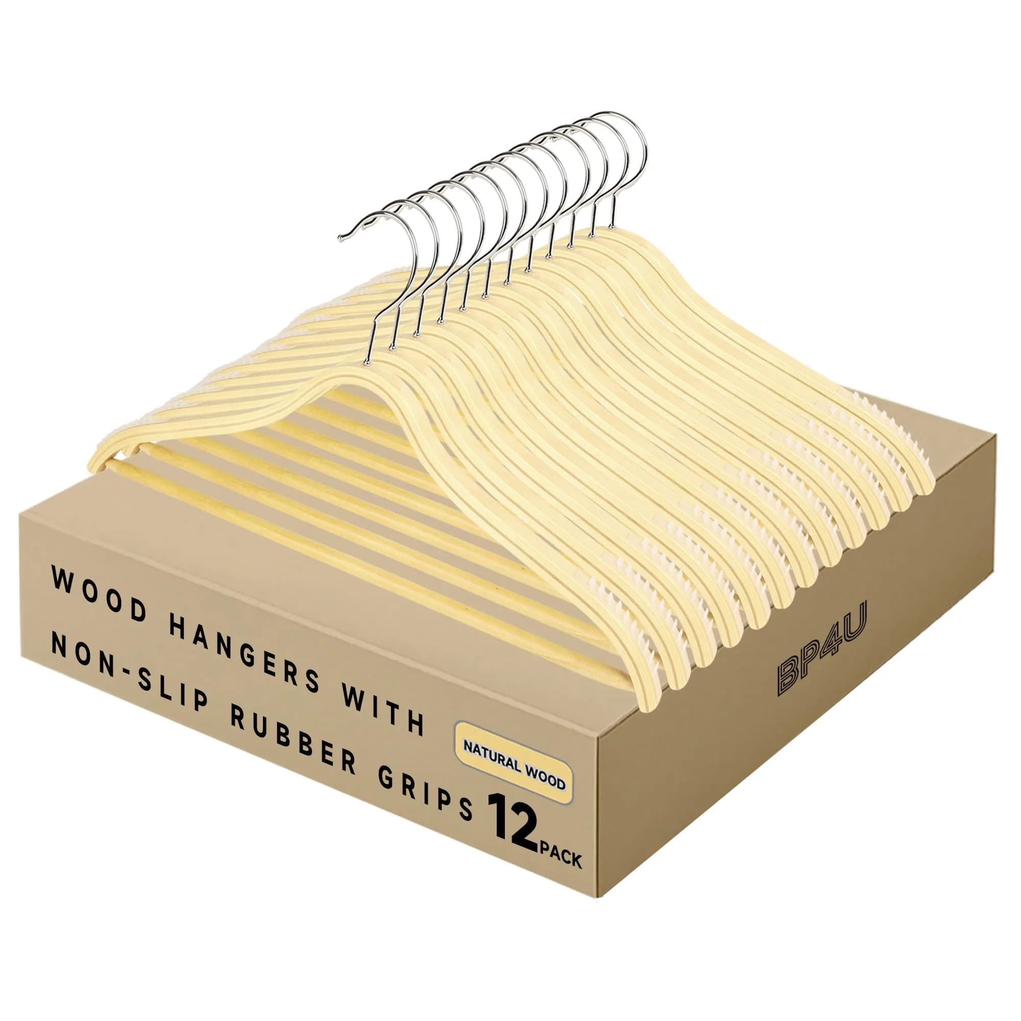 BP4U Slim Birch Wood Hangers with Non-Slip Rubber Strips 24-Pack | Space-Saving & Heavy Load Support — Natural Wood