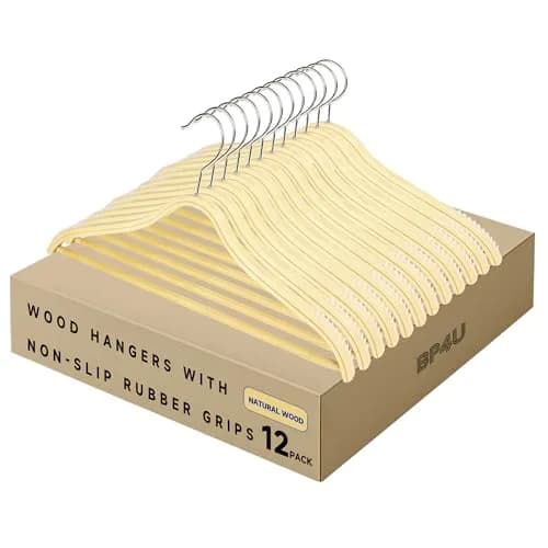 BP4U Slim Birch Wood Hangers with Non-Slip Rubber Strips 12-Pack | Space-Saving & Heavy Load Support thumbnail 1