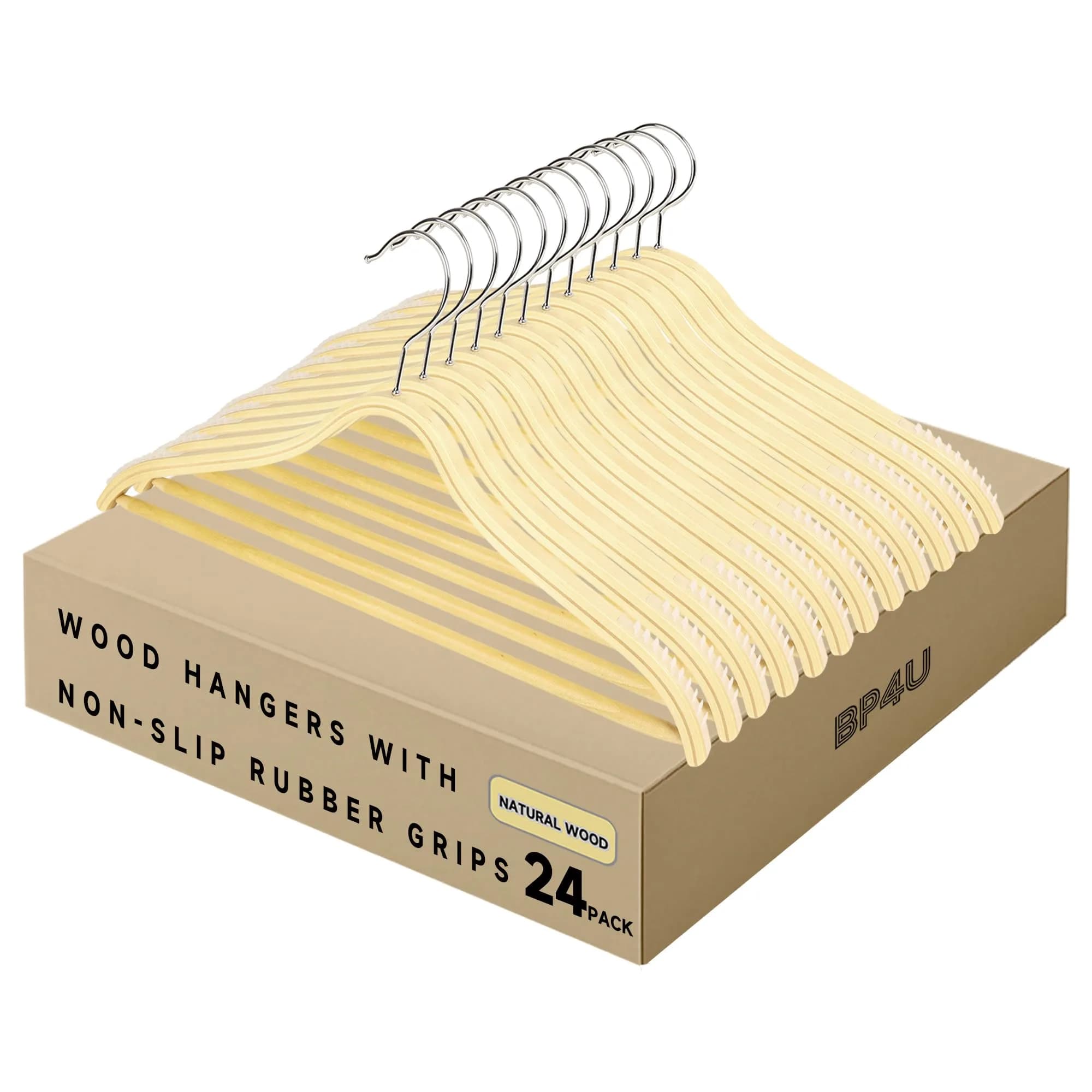 BP4U Slim Birch Wood Hangers with Non-Slip Rubber Strips 24-Pack | Space-Saving & Heavy Load Support — Natural Wood