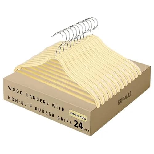 BP4U Slim Birch Wood Hangers with Non-Slip Rubber Strips 24-Pack | Space-Saving & Heavy Load Support thumbnail 1