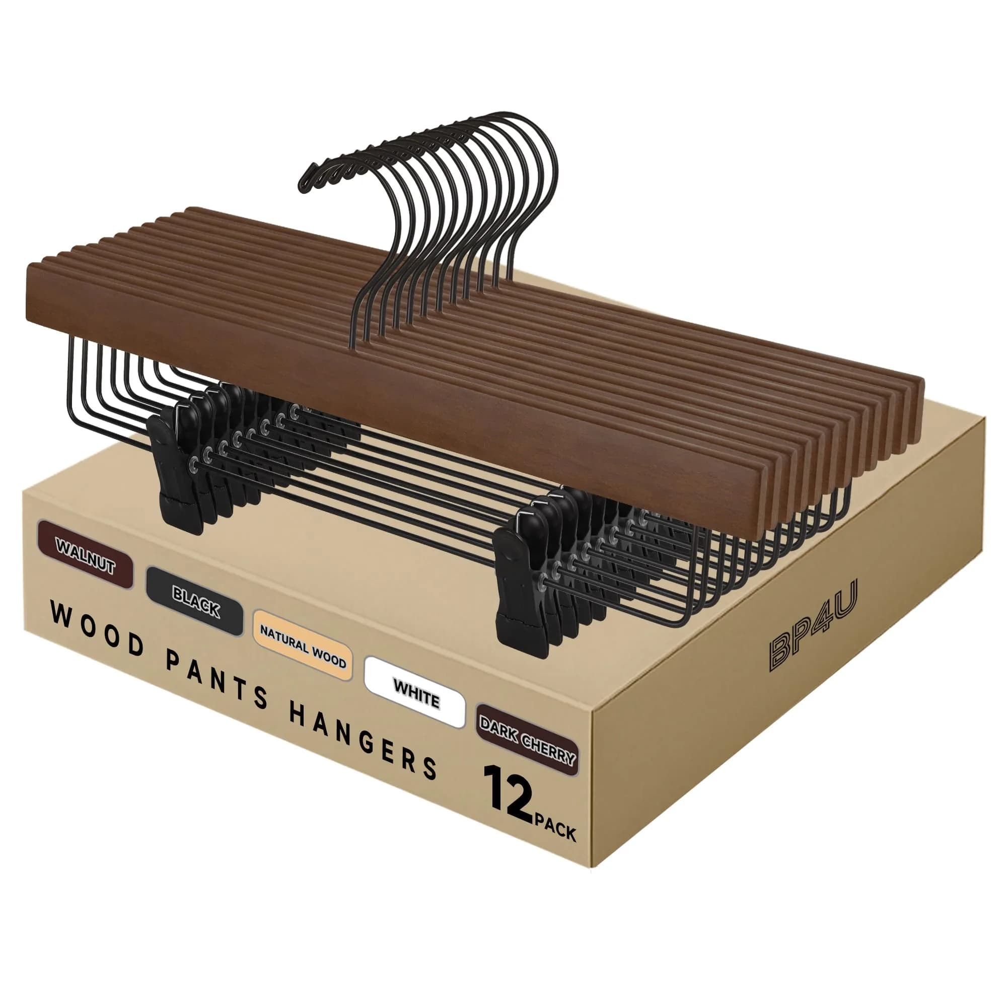 BP4U 14" Wood Pants Hangers with Adjustable Non-Slip Clips Walnut | Space Saving & Durable