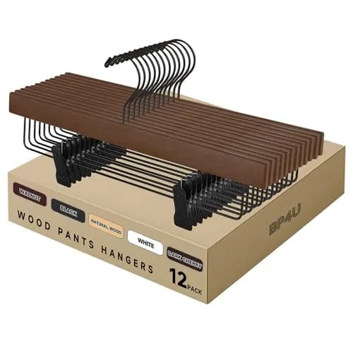 BP4U 14" Wood Pants Hangers with Adjustable Non-Slip Clips Walnut | Space Saving & Durable thumbnail 1