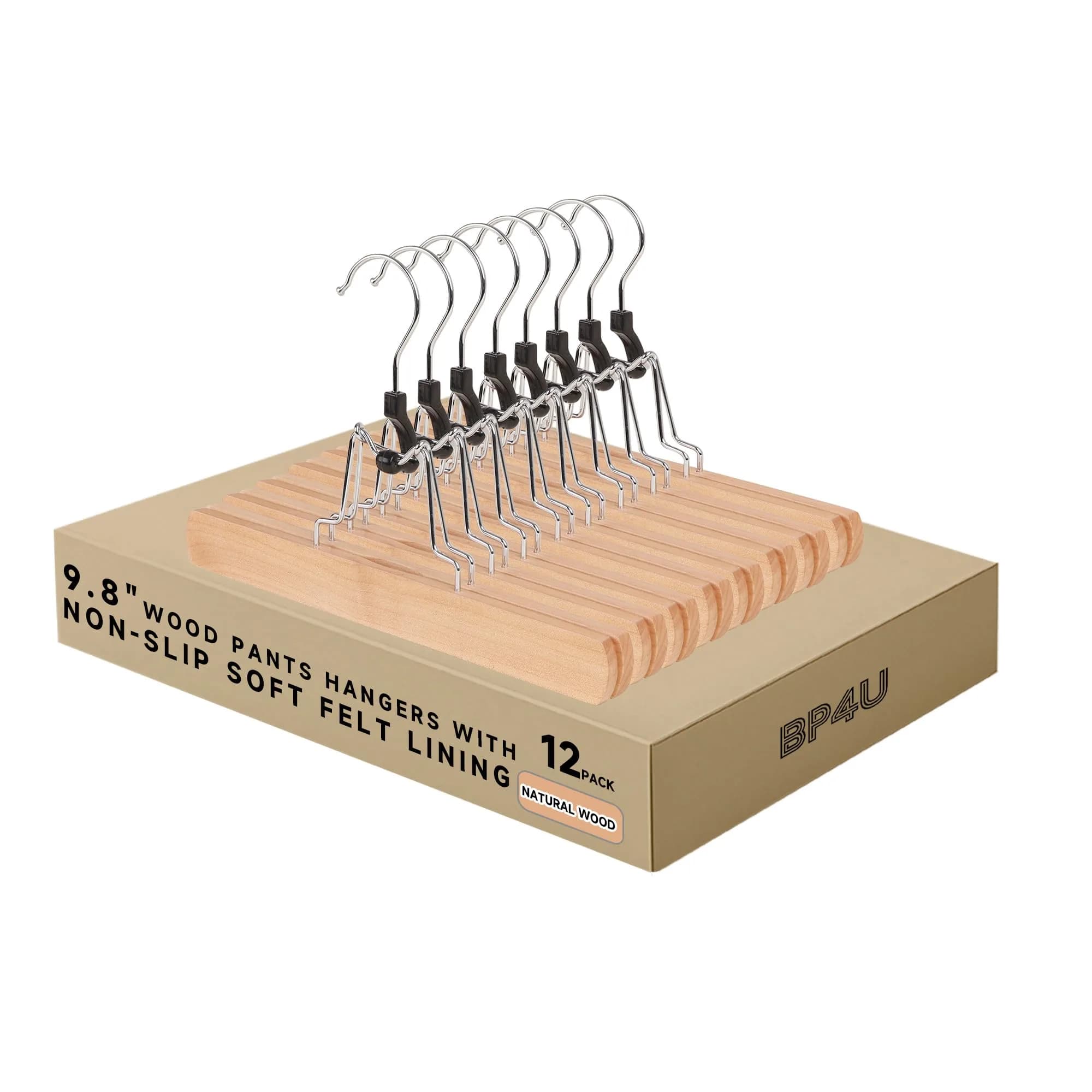 BP4U Wooden Non Slip Pants Hangers with Soft Felt Lining 9.8" | Space-Saving, Durable & Gentle on Fabrics thumbnail 1