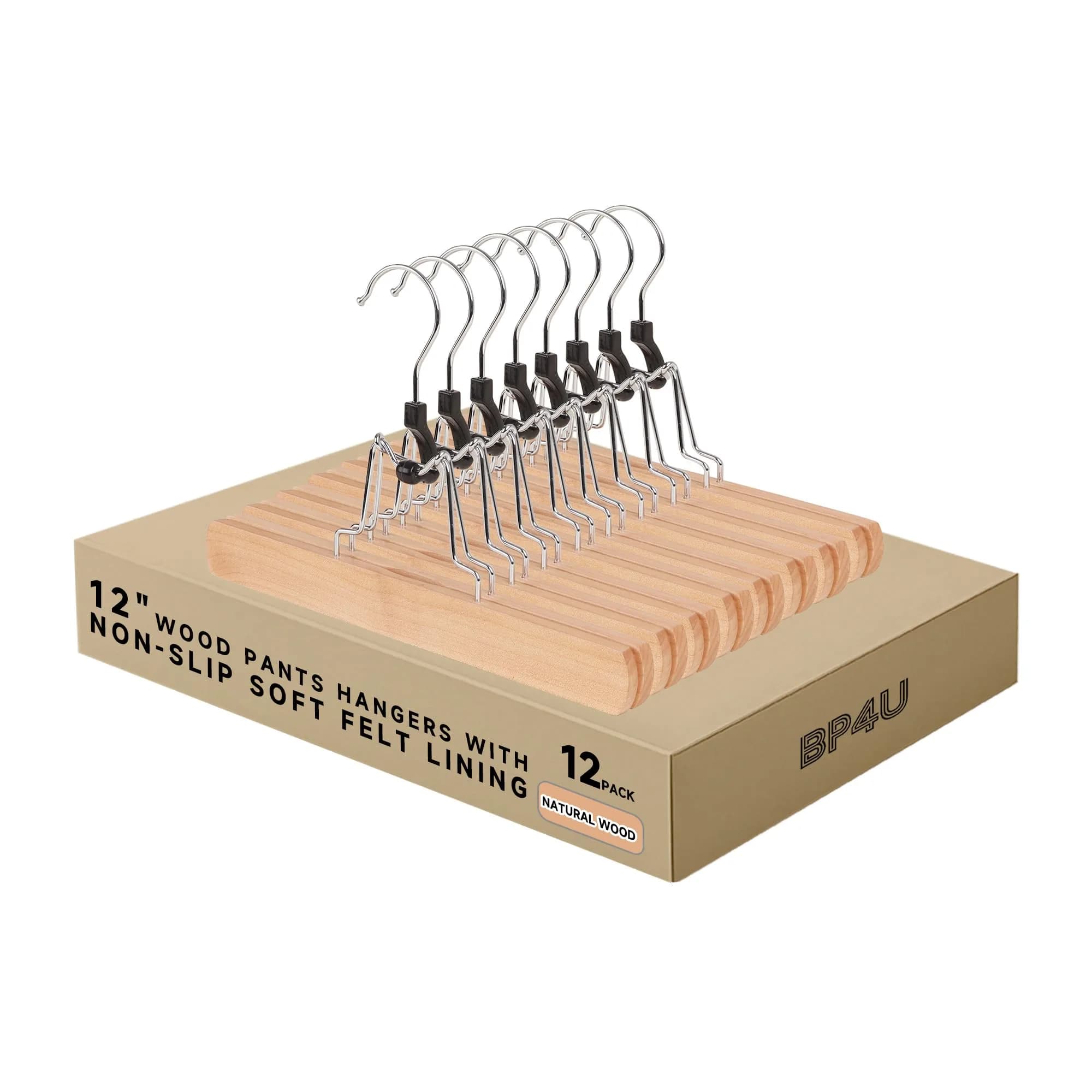 BP4U Wooden Non Slip Pants Hangers with Soft Felt Lining 12" | Space-Saving, Durable & Gentle on Fabrics - main product image
