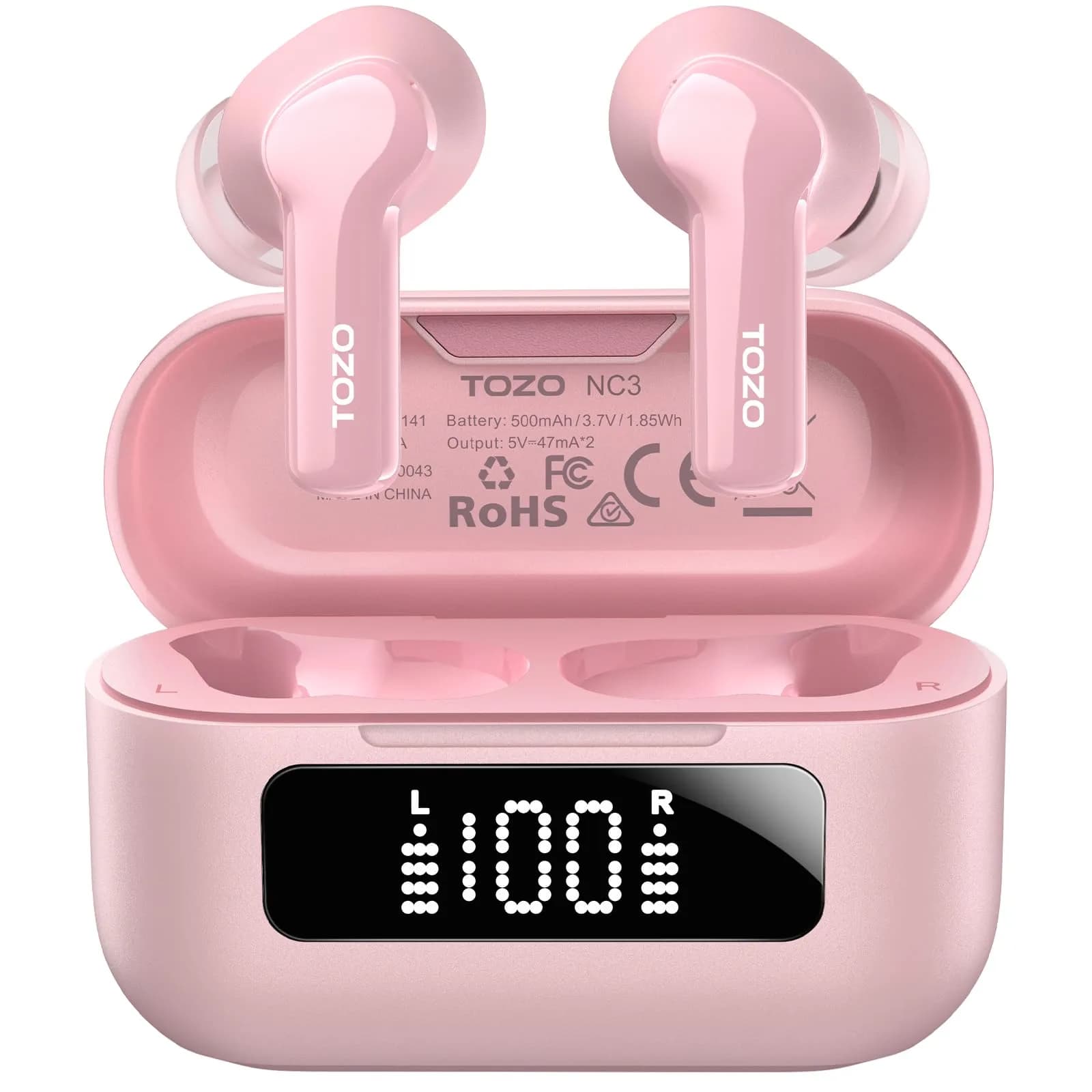 TOZO NC3 Hybrid Active Noise Cancelling Wireless Earbuds | 68H Playtime, IPX8 Waterproof, Bluetooth 5.3, Custom EQ, Clear Calls — Rose Gold